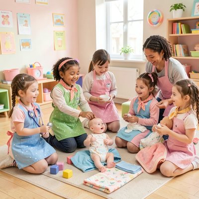 Ilustracja: dzieci odgrywają rolę położnej