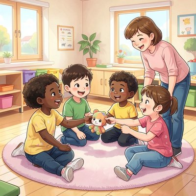 Ilustracja gry 'Przekaż pluszaka' — dzieci w kole