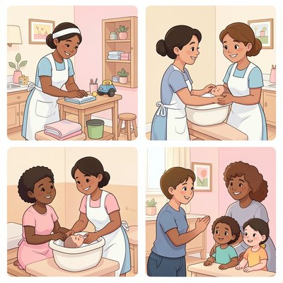 Ilustrowana sekwencja: etapy pracy położnej