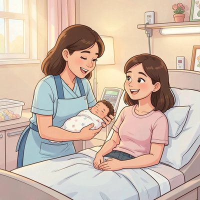 Scena: położna z mamą i noworodkiem