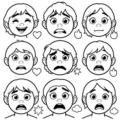 Kolorowanki — mimika emocji do ćwiczeń pantomimy