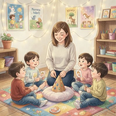 Scenka powitania — dzieci przy kocu z czapką sortującą