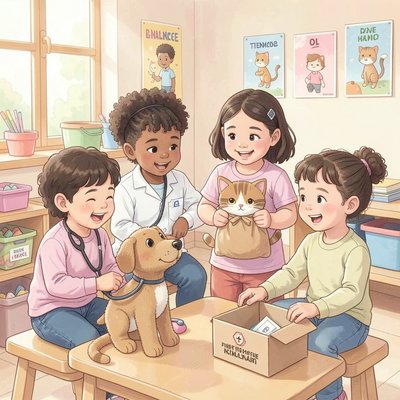 Zabawa w gabinet — dzieci odgrywają role (scena do materiałów promocyjnych)