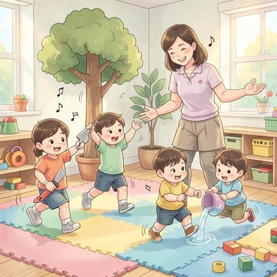 Scena przerwy ruchowej — dzieci naśladują prace i śpiewają