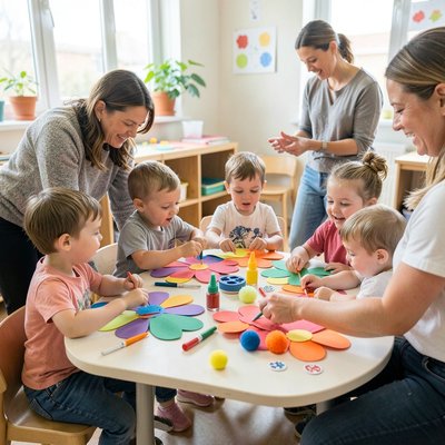 Dzieci tworzą kwiatki przy stolikach