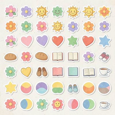 Arkusz naklejek dekoracyjnych — kwiaty, słońce, ikony aktywności