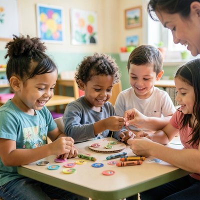 Dzieci tworzą medale — scena przy stoliku