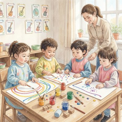 Ilustracja: dzieci malują podczas zajęć