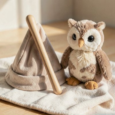 Fotografia rekwizytów: różdżka, kapelusz, pluszowa sowa