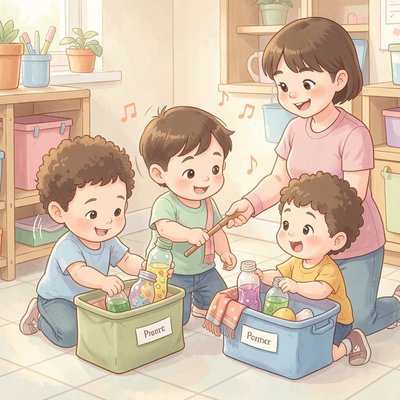 Ilustracja: Sprzątanie w rytmie — dzieci odkładają materiały