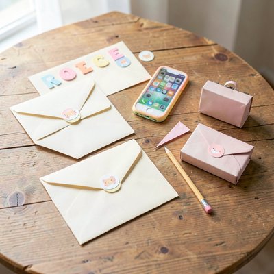 Zdjęcie-rekwizyt — listy, koperty i zabawkowy telefon — flat lay