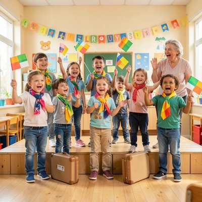 Zdjęcie pamiątkowe — scena grupowa z rekwizytami