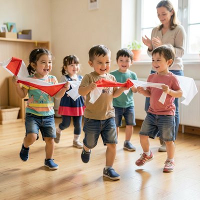 Dzieci tańczą w kole z chusteczkami