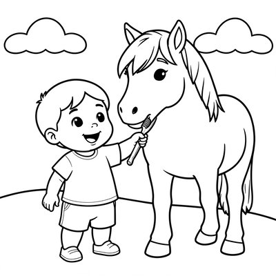 Kolorowanka — koń i dziecko czesze grzywę