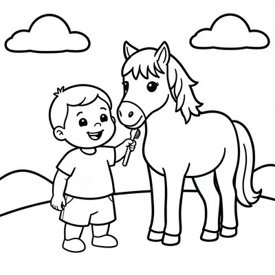 Kolorowanka — koń i dziecko czesze grzywę