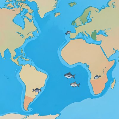 Mapka oceanu z miejscami występowania tuńczyka