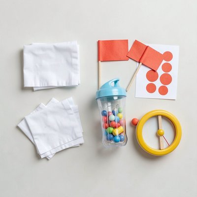 Rekwizyty: chusteczki, flagietki, shaker i tamburyn (widok z góry)