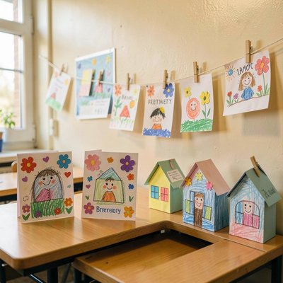 Galeria prac — wystawa laurków i domków