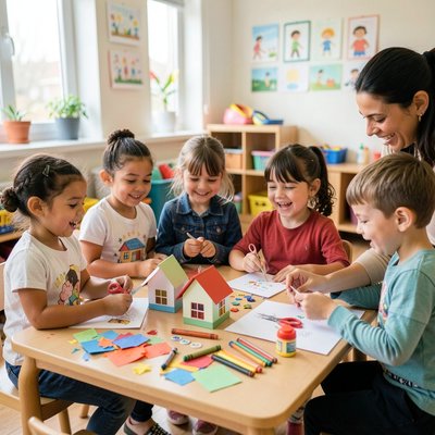 Dzieci podczas pracy — tworzenie laurek i domków