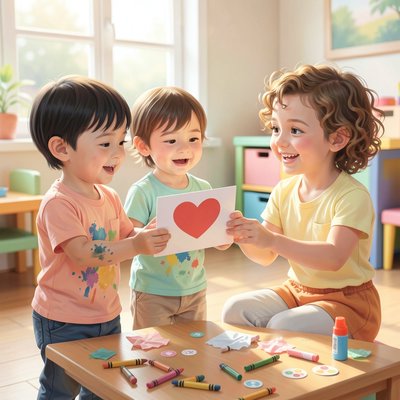 Ilustracja — Dzieci wręczają kartkę opiekunowi