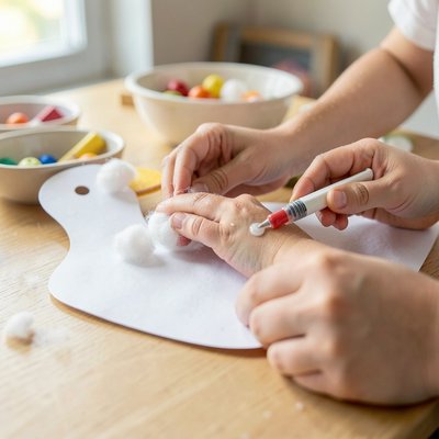 Ręce dziecka przyklejające watę — zbliżenie