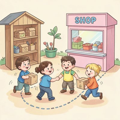 Ilustracja ćwiczenia ruchowego: przenoszenie pudełek