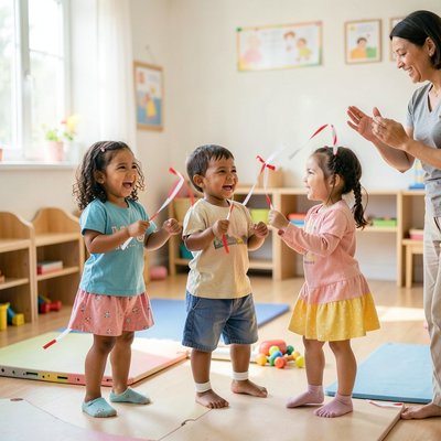 Fotografia zajęć — dzieci tańczą z wstążkami