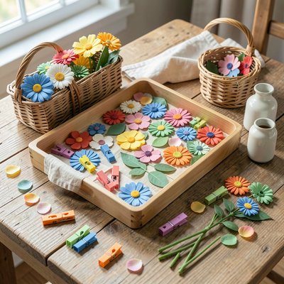 Ilustracja zabawy sensorycznej — taca z kwiatami