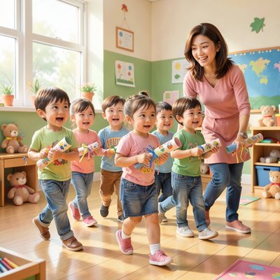 Ilustracja: pochód z tubami — zabawa ruchowa