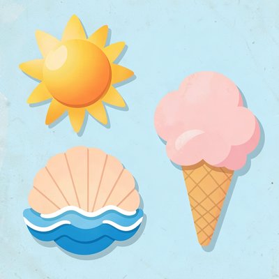 Plakat wizualny – elementy lata: słońce, morze, muszle, lody