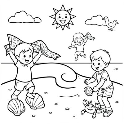 Kolorowanka: Dzieci na plaży
