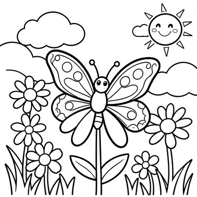 Kolorowanka — Motyl i kwiaty