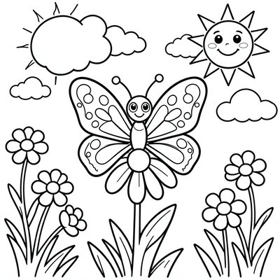 Kolorowanka — Motyl i kwiaty