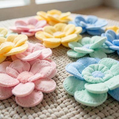 Zdjęcie referencyjne: miękkie materiałowe kwiaty na macie
