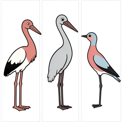 Duże ilustracje ptaków — bocian, żuraw, jaskółka