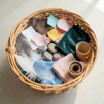 Zdjęcie sensorycznego koszyka z piórami i materiałami