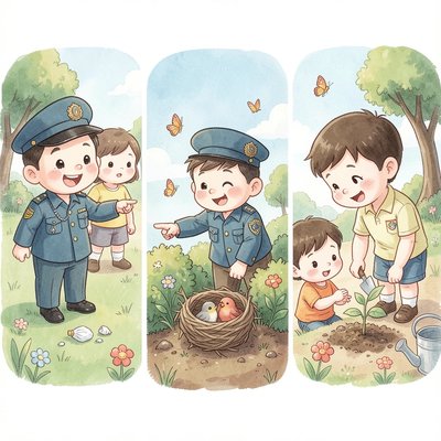 Ilustracja do opowieści: Strażnik znajduje śmieci i sadzi drzewko