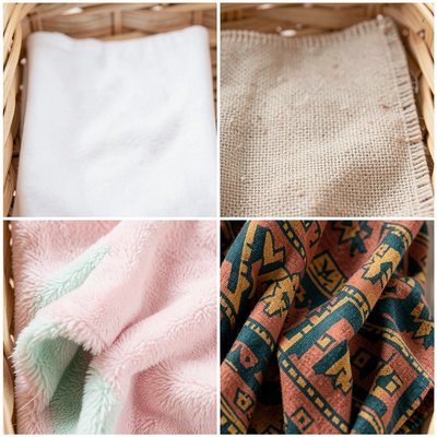 Koszyk z chustkami i tkaninami – zbliżenia faktur