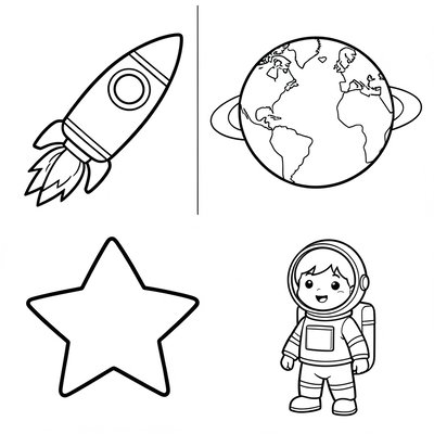 Kolorowanki: Rakieta, Planeta, Gwiazdka, Mały kosmonauta