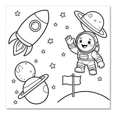 Kolorowanki: rakieta, kosmonauta i planety
