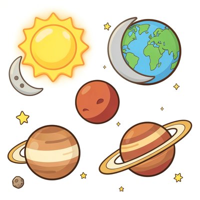 Ilustracje planet, Słońca i Księżyca