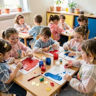 Dzieci malujące flagi przy stolikach