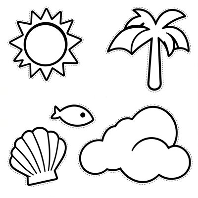 Szablony do wycięcia: słońce, parasol, palma, rybka, muszelka
