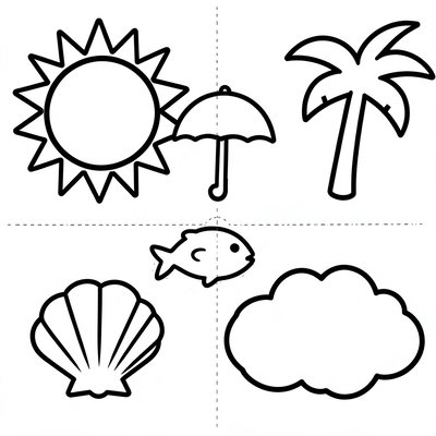 Szablony do wycięcia: słońce, parasol, palma, rybka, muszelka