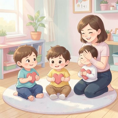 Ilustracja — Dzieci w kole z mięciutkimi serduszkami