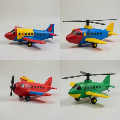 Zdjęcia referencyjne: zabawkowy samolot i helikopter do pokazania dzieciom