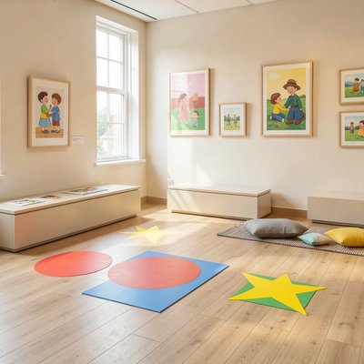 Scenografia — sala muzealna z oznaczeniami na podłodze
