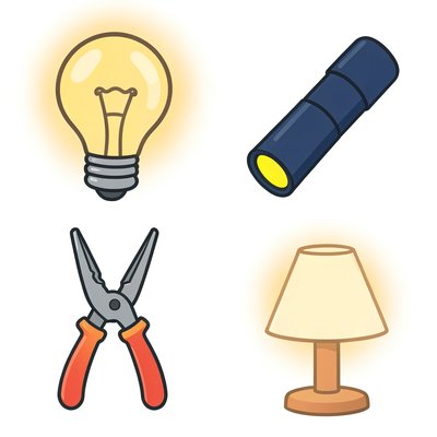 Ilustracje: żarówka, latarka, narzędzia elektryka, lampka