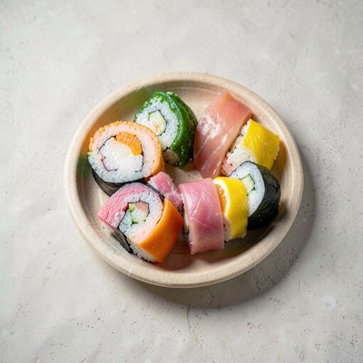 Ekspozycja prac — talerz z papierowym sushi