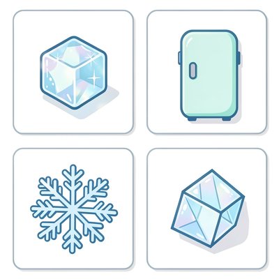 Flashcards: lód, lodówka, śnieg, kostka lodu